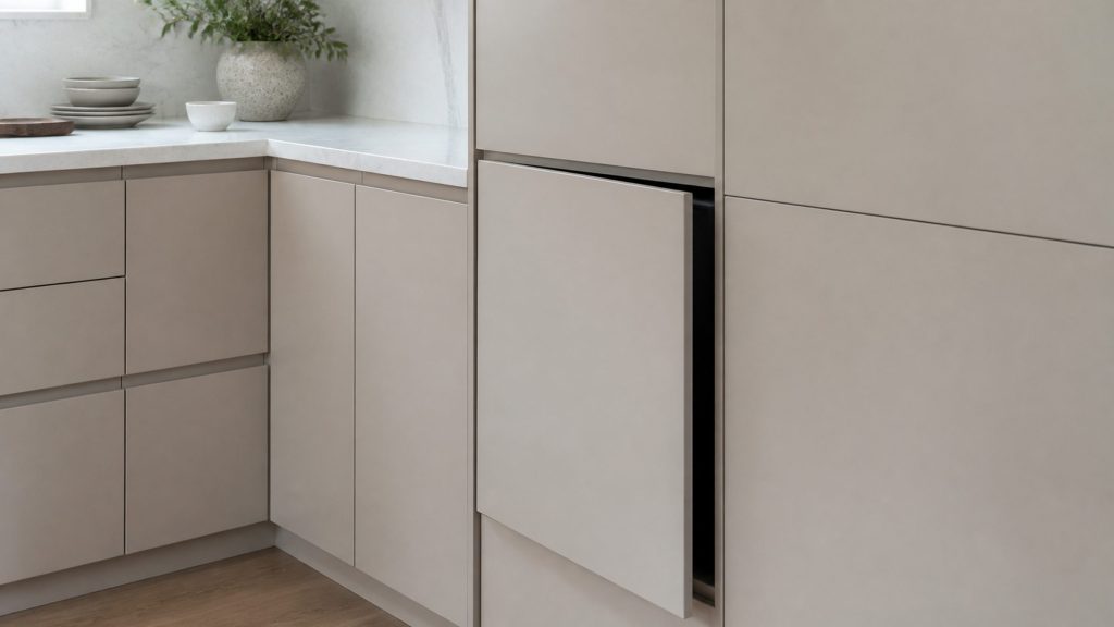 The corner of a bright kitchen with an appliance door standing slightly ajar, no interior detail visible, pale cabinetry and white stone, flat daylight, nobody present.