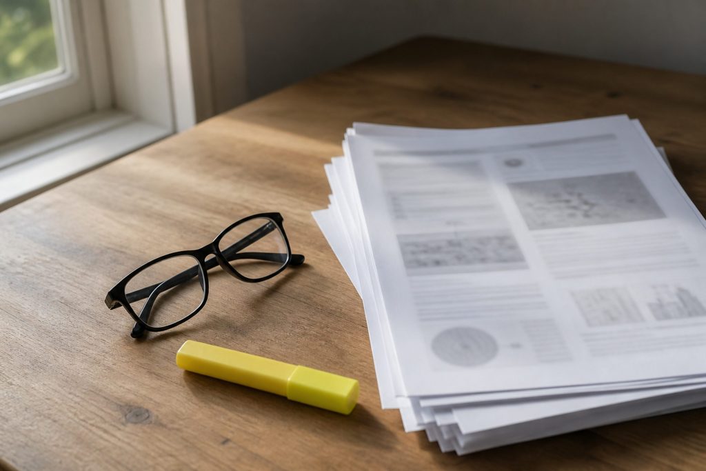 A stack of printed technical articles on a plain table beside a pair of glasses and a highlighter, the text blurred past reading, morning light from a window at the left.