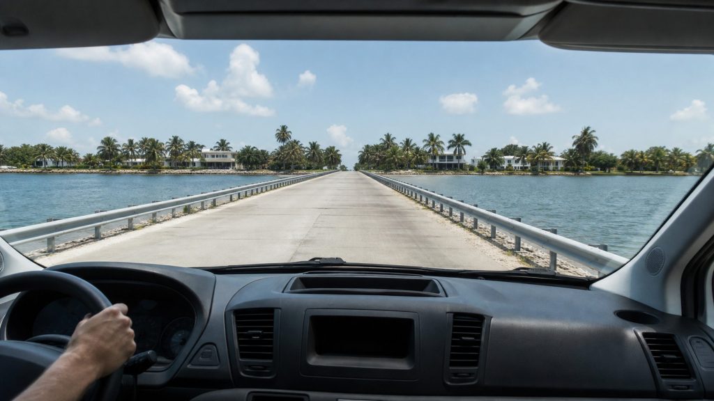 A service van's point of view along a low coastal causeway in South Florida, water either side, palms and low-rise buildings ahead, bright flat daylight and no signage, no number plate and no recognizable landmark.