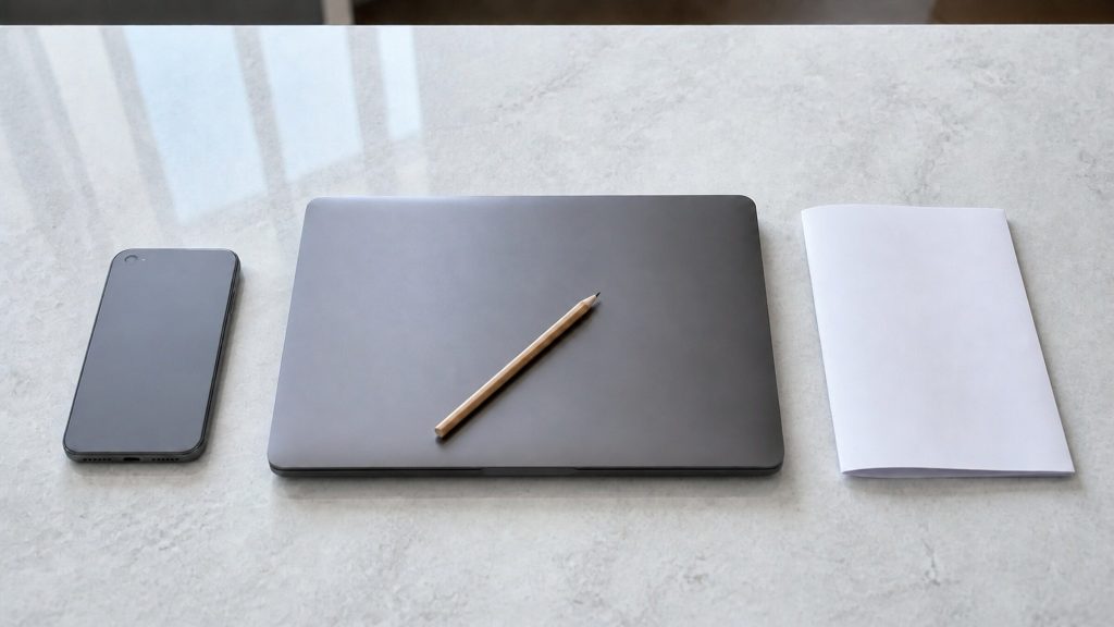 A mobile phone face down, a closed laptop with a pencil on its lid, and a single folded sheet of paper laid in a row on a pale cool worktop in daylight.