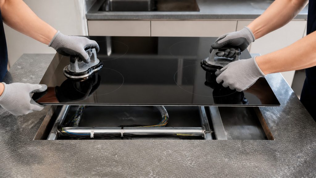 The glass panel raised clear of a stone worktop on two suction handles, the cut-out beneath showing the support frame, wiring harness and the cooktop's own loom.