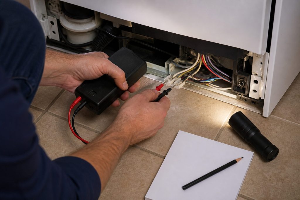 A technician's two hands holding a multimeter with both probes resting on adjacent terminals of a wiring harness that has been drawn out of an appliance's lower housing, a small torch propped on the floor tile lighting them and a plain notepad and pencil set down beside.