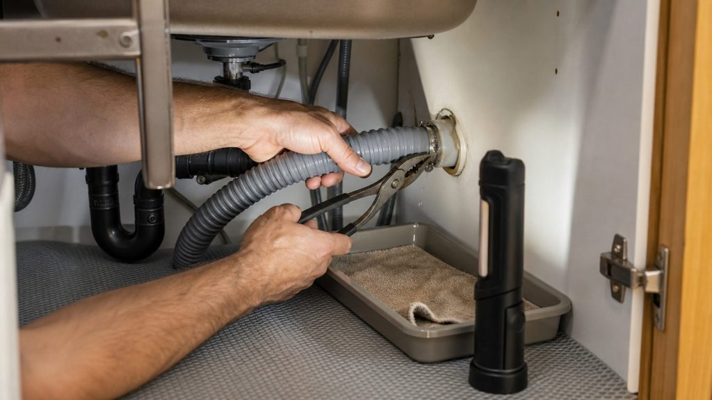Under-sink cabinet with the trap, the corrugated drain hose in hand, pliers on the hose clip at the spigot, a drip tray and towel below and a work light standing at the right.