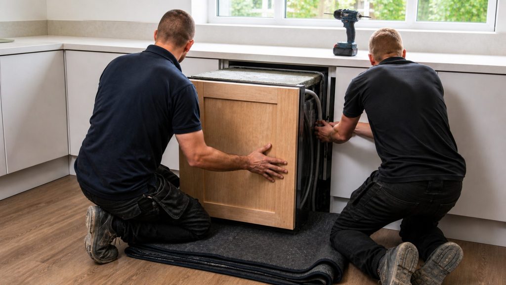 An integrated dishwasher part-way into its opening on a protective mat, custom oak panel held against its door, hoses guided behind by the second pair of hands. Seen from behind, no faces.