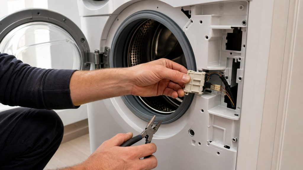 The machine's door open on its gasket and drum, the interlock switch drawn out of its aperture in the panel with the multi-way plug behind it.