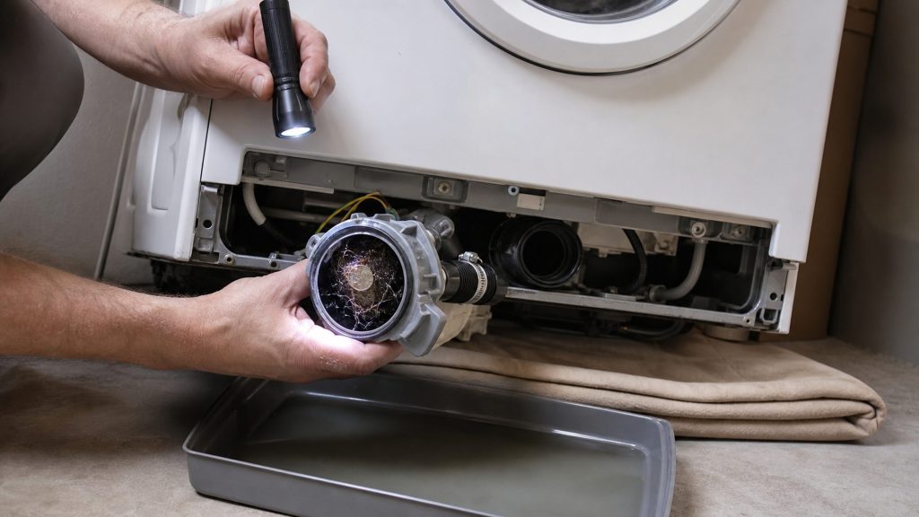 The plinth panel off at floor level, the pump volute in hand with the impeller visible and fouled, a shallow tray and folded towel beneath.
