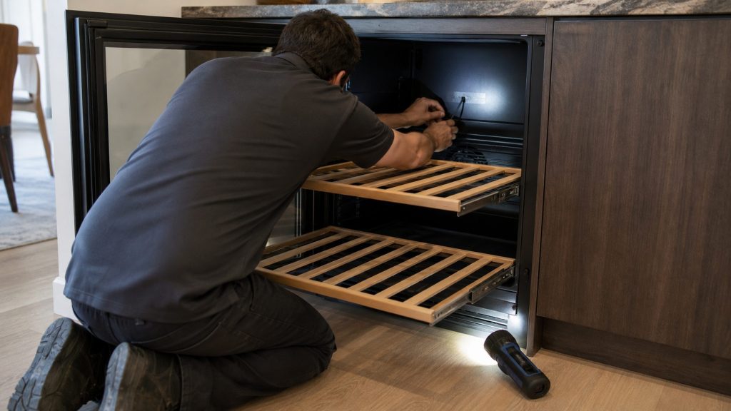 A glass-doored wine cabinet under a stone worktop, two slatted shelves pulled out on their runners, hands at the rear fan grille, a work light on the floor.