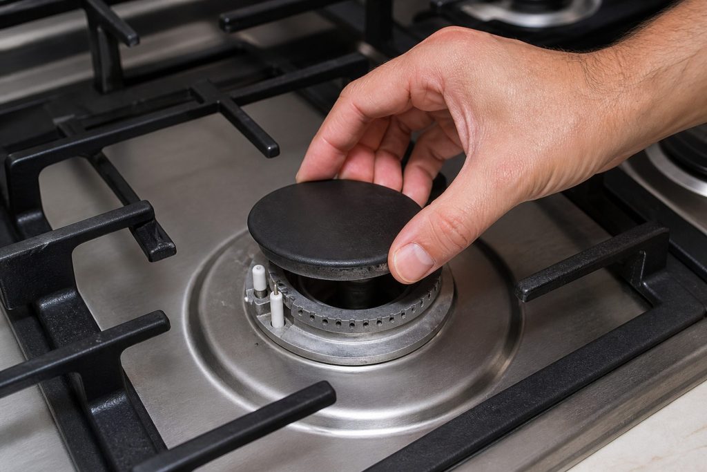 A gas burner with its cap slightly off-seated and no flame, the igniter electrode clearly visible beside the ports, a hand reaching in to lift the cap.
