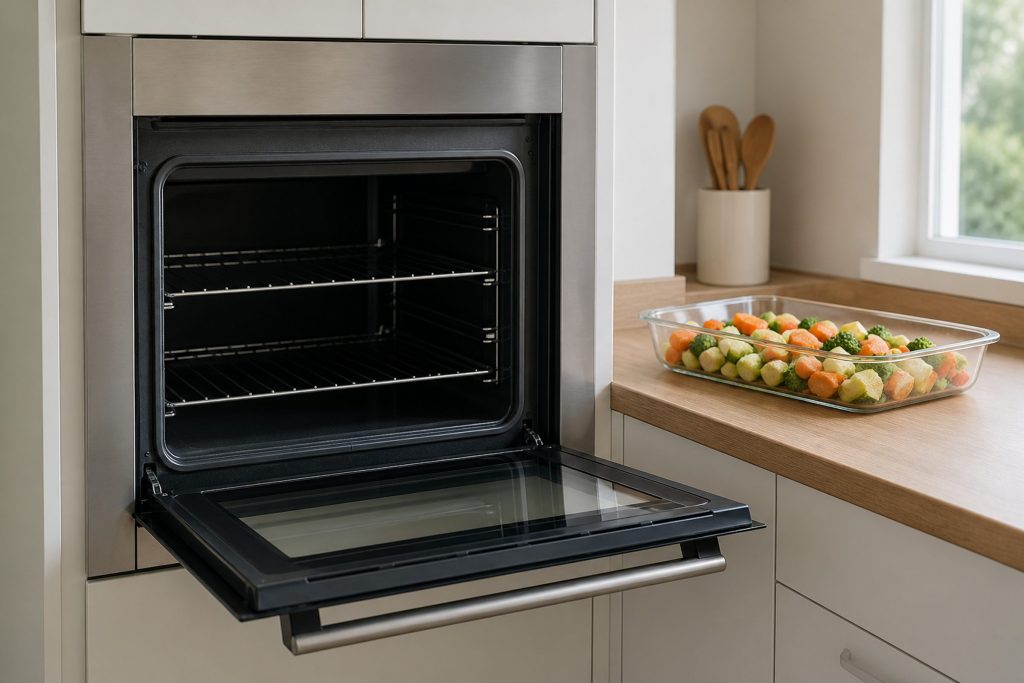 A wall oven standing open with the racks in and the cavity plainly cold and clean, a raw dish of vegetables waiting on the counter beside it, flat daylight.