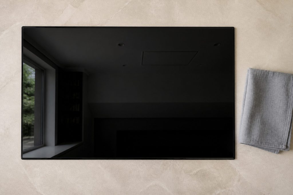 An unlit black glass cooktop set flush into a pale stone counter, photographed straight down, completely dark and reflecting the ceiling, not a single indicator lit anywhere on it, a folded cloth beside it on the stone.