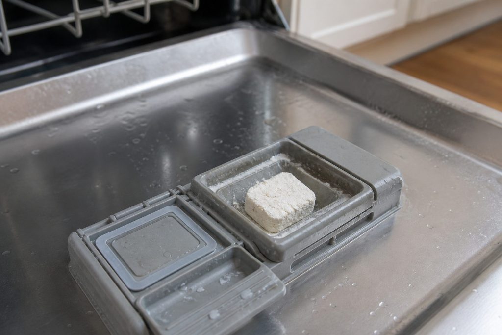An open detergent dispenser cup in a dishwasher door with a caked block of powder still sitting in it after a cycle, the door held horizontal, close focus.