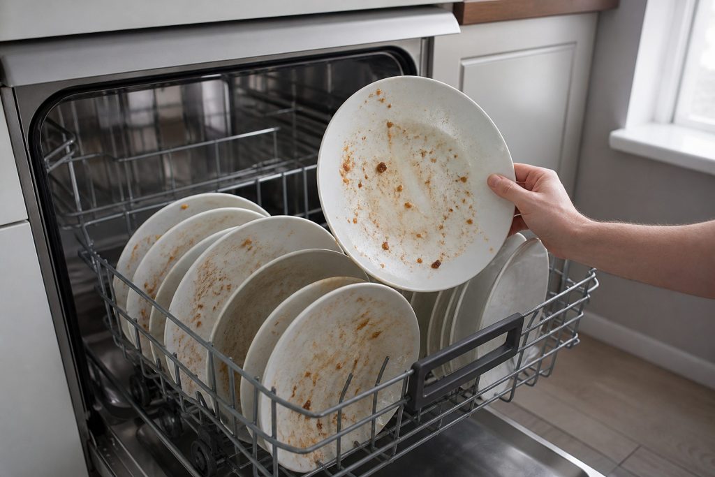 An open dishwasher basket of plates with dried food still stuck to them, one plate lifted slightly to show the soiled face, flat kitchen daylight.