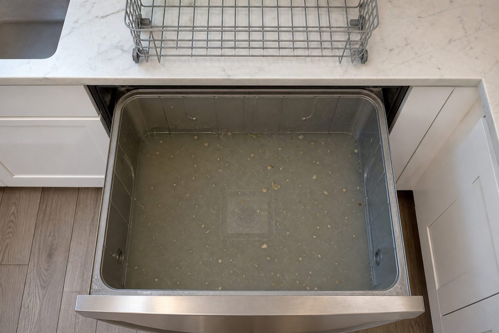 Looking straight down into the bottom of an open dish drawer tub half full of dirty gray water that covers the flat filter plate completely, food debris floating on the surface, the wire basket lifted out and standing on the counter behind.