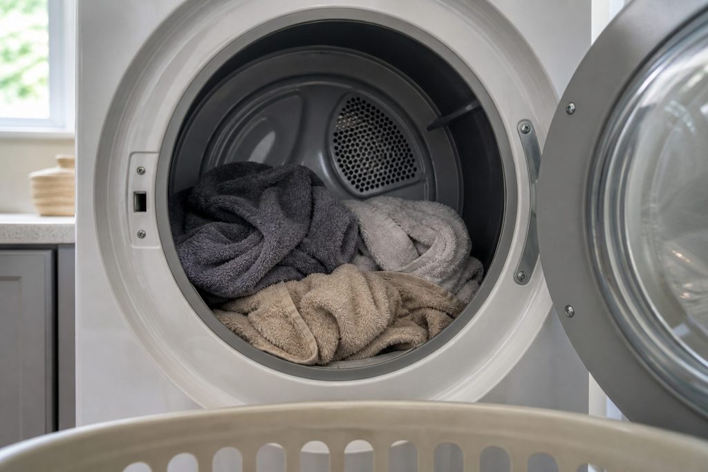 Looking into the open drum of a front-loading dryer at a heap of towels that are still visibly damp, the door glass swung wide, a laundry basket edge at the bottom of frame, cool daylight.