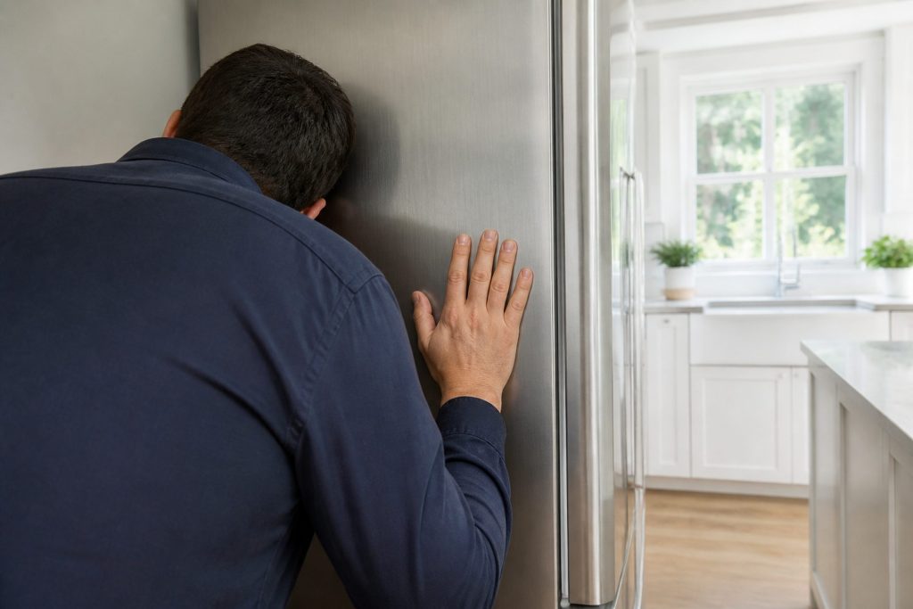 A person leaning in with the side of their head near the flank of a tall stainless refrigerator, face turned away and out of frame, hand resting on the panel, bright kitchen behind.