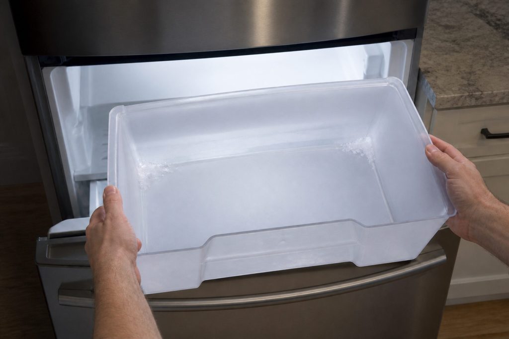 An ice bin pulled out of a freezer drawer and held in two hands, empty except for a scatter of frost in the corners, the open freezer bright behind it.