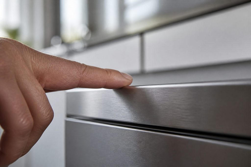 A fingertip resting on a blank brushed control fascia at the top edge of a dish drawer front, nothing lit, no characters anywhere, shallow focus.