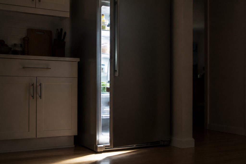 A refrigerator door standing a finger's width open, the interior light spilling out along the gap, food shelves just visible, the kitchen around it dim.