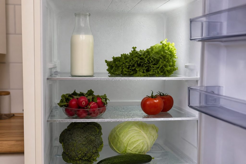 The inside of a refrigerator with beads of water on the glass shelves and the back wall, milk and vegetables on the shelves, the door held open, cool interior light.