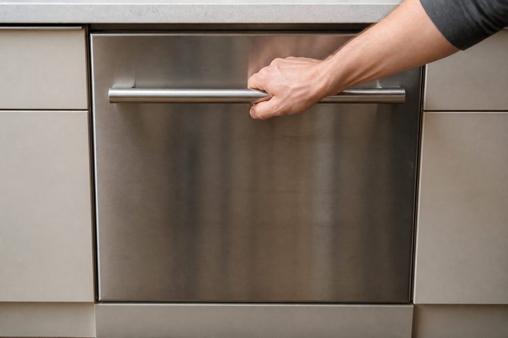 A hand pulling firmly on the long bar handle of a stainless dish drawer that has not moved, the drawer front flush with the pale cabinet run either side.