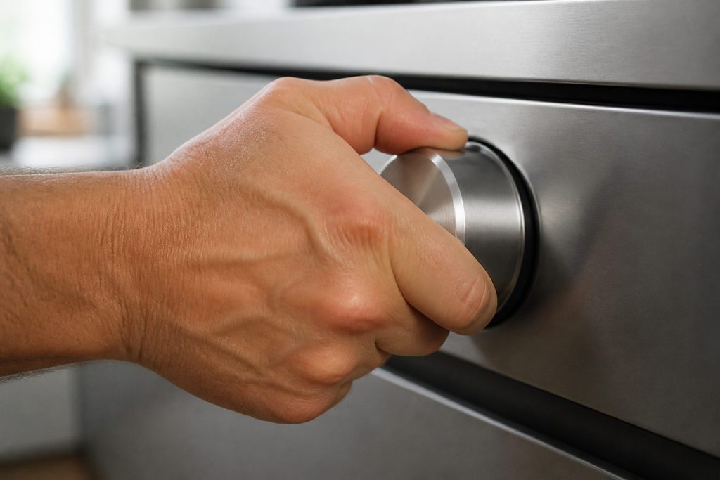 A hand gripping a heavy stainless control dial on the front of a cooking appliance, knuckles tight as if turning something stiff, the fascia brushed and blank.