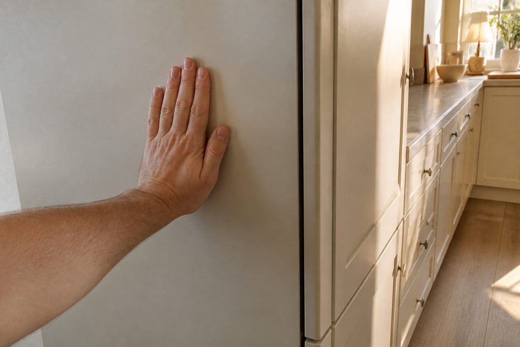 A flat palm resting against the tall side panel of a built-in refrigerator column in a pale kitchen, the cabinet run beside it, warm afternoon light.