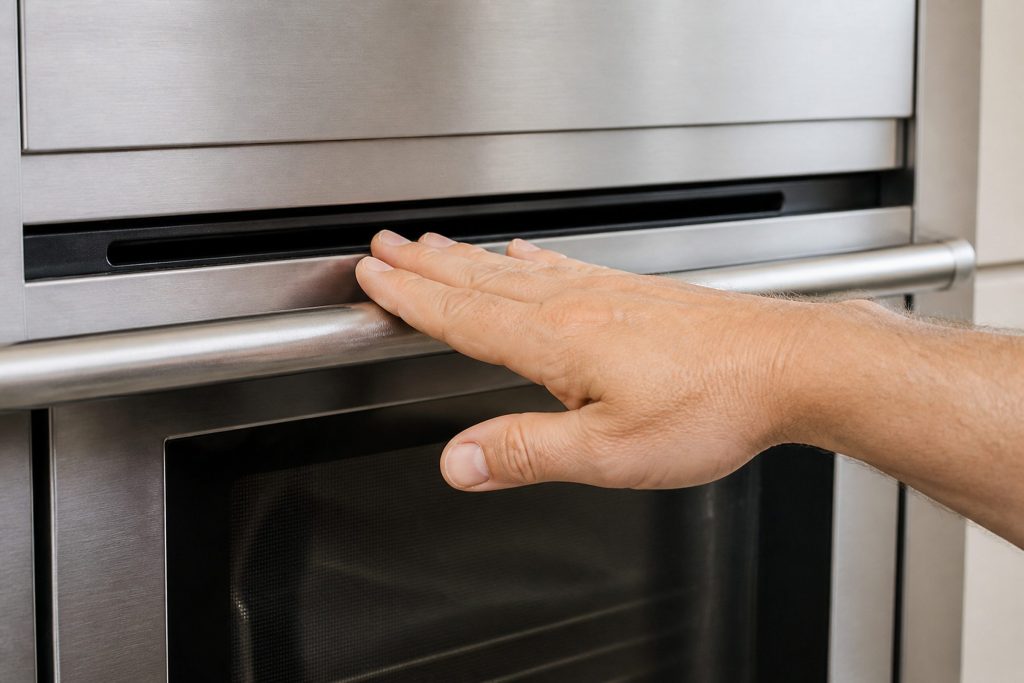 A close view of the narrow vent slot above a stainless wall oven door, brushed metal filling the frame, a hand held flat just below the slot feeling the air.