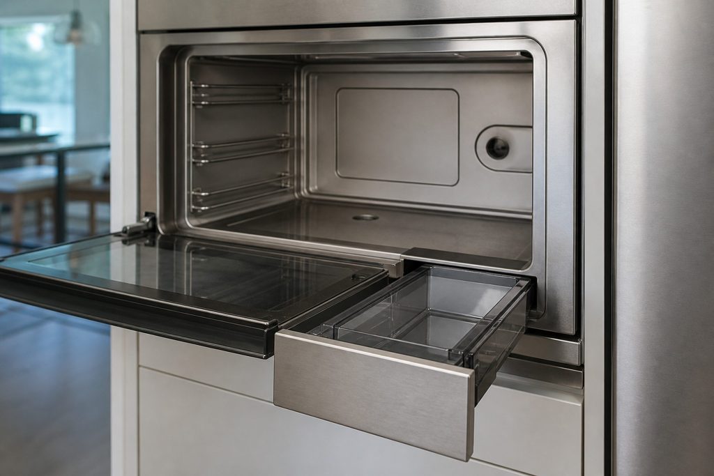 The open cavity of a stainless steam oven, completely dry, the small water reservoir drawer pulled out and empty in the foreground, cool light from the kitchen behind.
