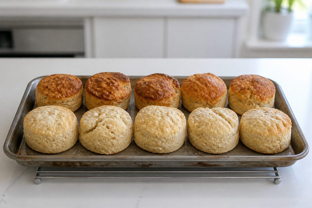 A baking tray of pale scones just out of the oven where the row at the back is clearly darker than the row at the front, set on a trivet on a white counter.