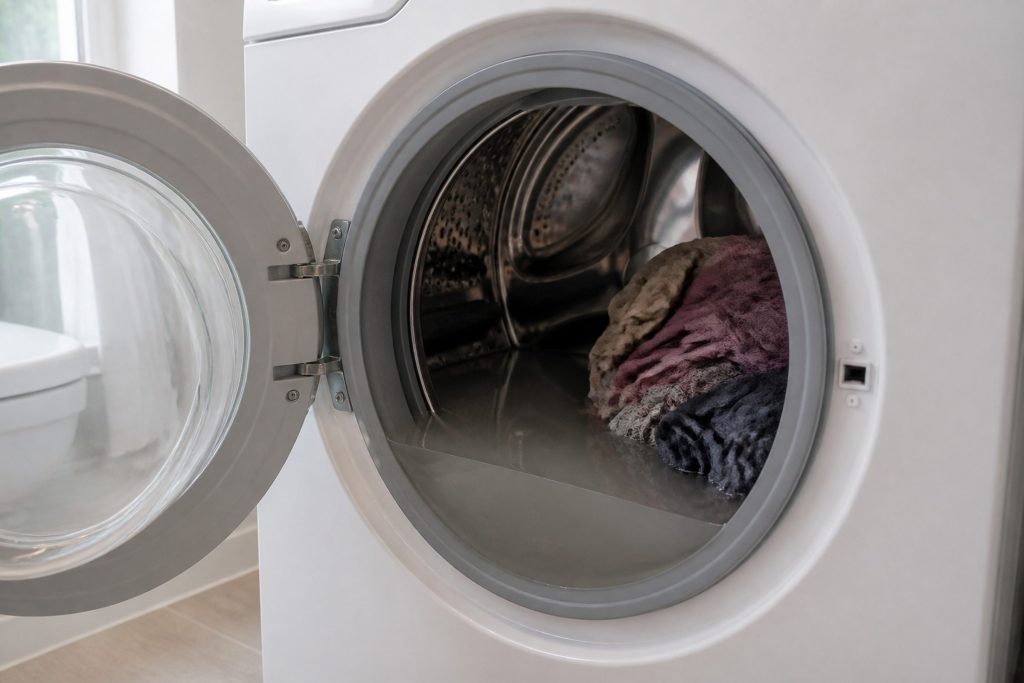The open door of a front-loading washing machine with grey water standing in the bottom of the drum above the seal, a bundle of wet washing pressed to one side, bathroom-bright daylight.