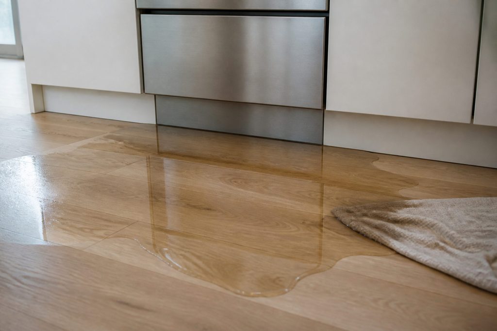 A wide puddle of water spread across pale timber flooring at the base of a kitchen cabinet run below a stainless drawer front, the water clearly catching the light and reflecting the cabinets, one corner of a folded towel already dark with it.