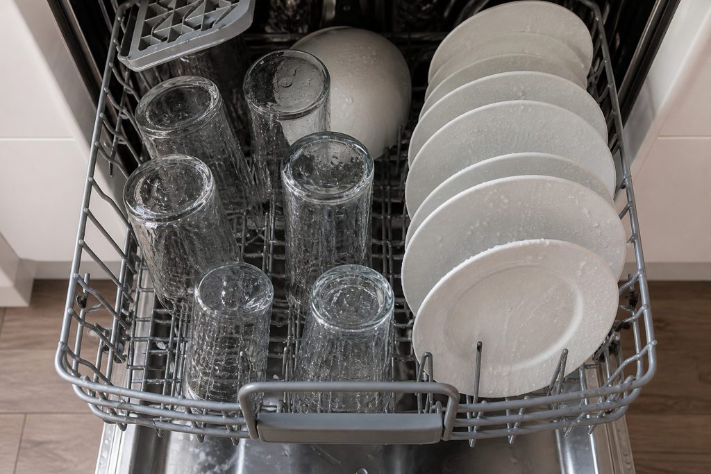 Looking down into an open dishwasher basket at upturned glasses and plates still beaded with water at the end of a cycle, steam gone, kitchen daylight from above.